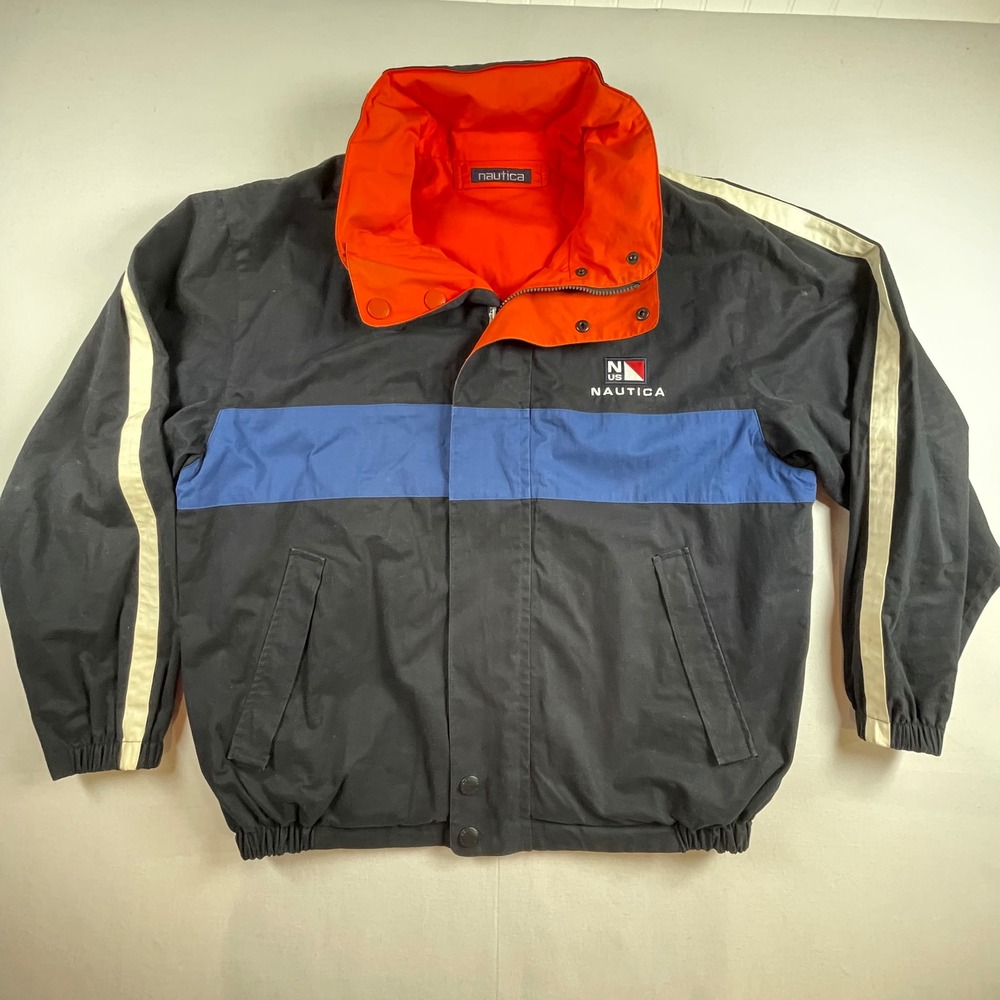 VTG Nautica Reversible Colorblock Windbreaker Jacket Hood Orange Blue Large - Picture 6 of 12